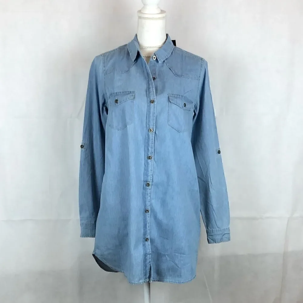 Timing Button Up Denim Collared Top Rollup… - Picture 1 of 8